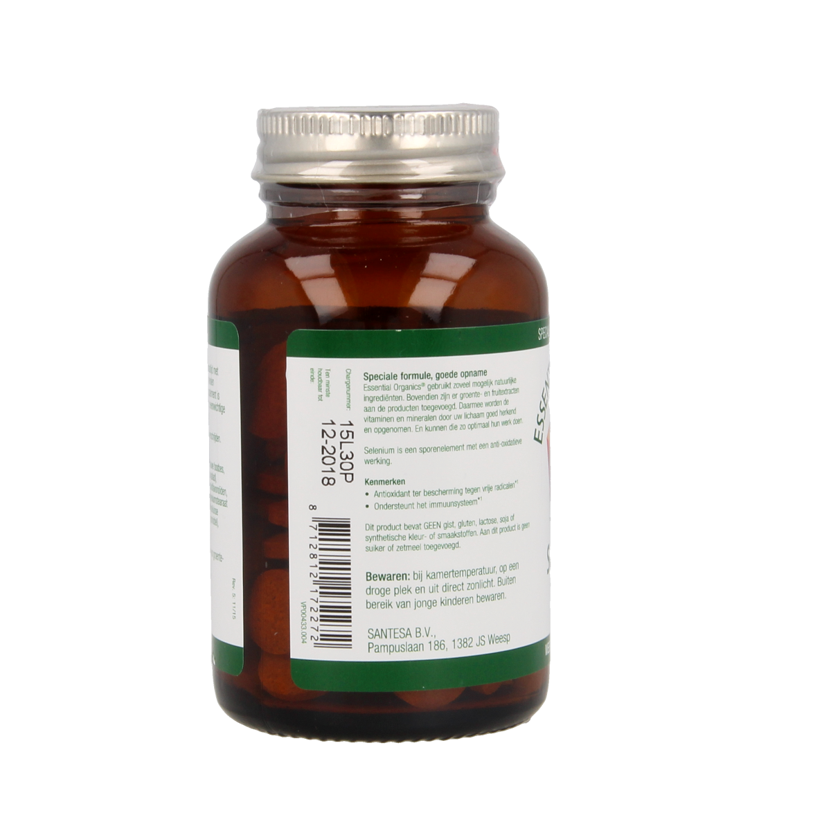 Essential Organics Selenium NP 50mcg mineral supplement tablets, close-up of the bottle with tablets inside.