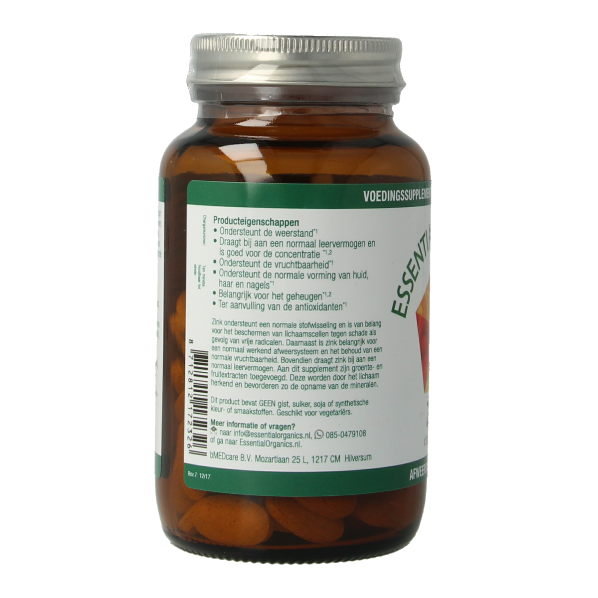 Essential Organics Zinc 25mg mineral tablets, showing a bottle of 90 zinc supplement tablets for daily mineral intake.