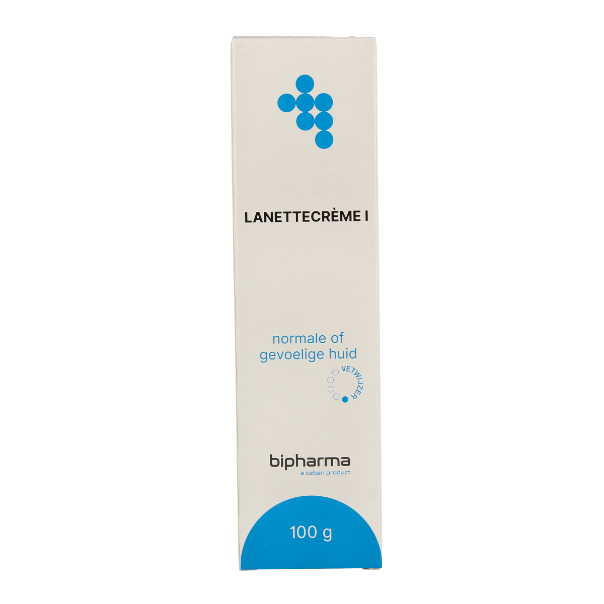Bipharma Lanettecreme tube in vouwdoos, 100g, lightweight body care cream with white packaging and flip-top lid.