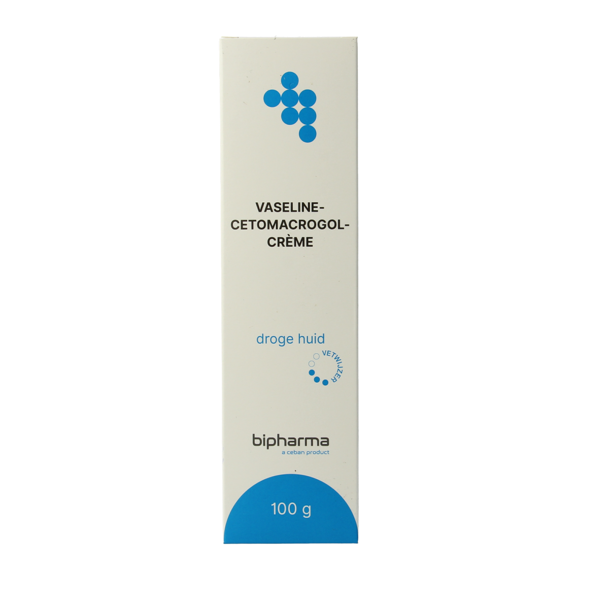 Bipharma Vaseline Cetomacrogol Creme in 100g jar, a body care product with a smooth, creamy texture for skin hydration.