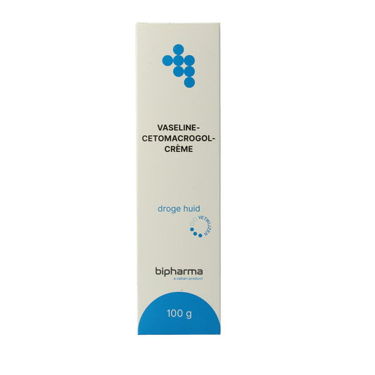 Bipharma Vaseline Cetomacrogol Creme in 100g jar, a body care product with a smooth, creamy texture for skin hydration.