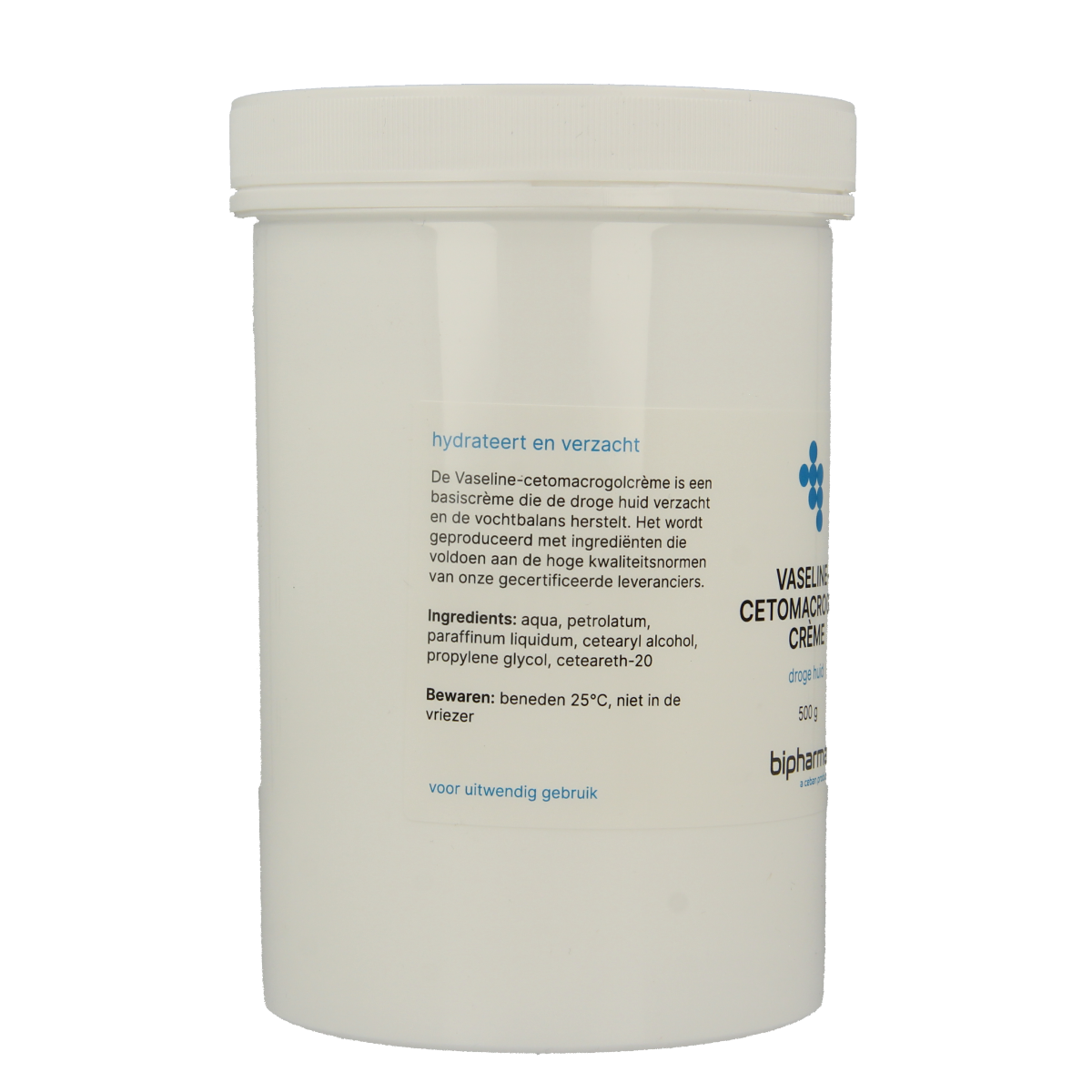 Bipharma Vaselinecetomacrogolcreme 500g jar, a body care moisturizing cream with a smooth, creamy texture and white color.