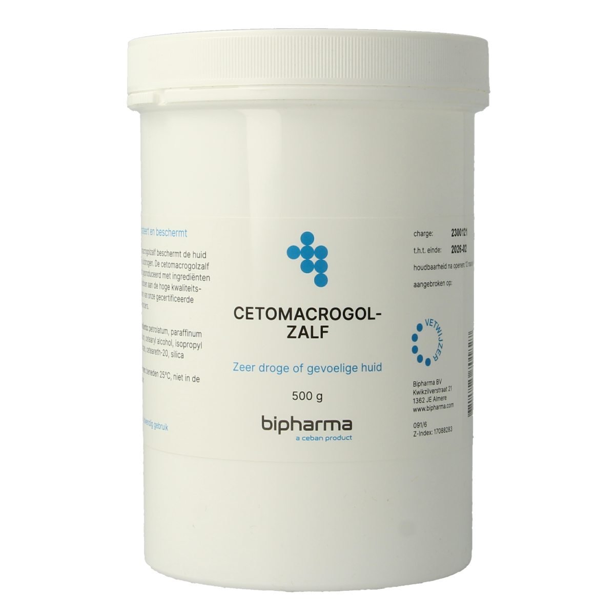 Bipharma Cetomacrogolzalf FNA 500g body care cream in a white jar with a blue lid, suitable for skin moisturizing and soothing.