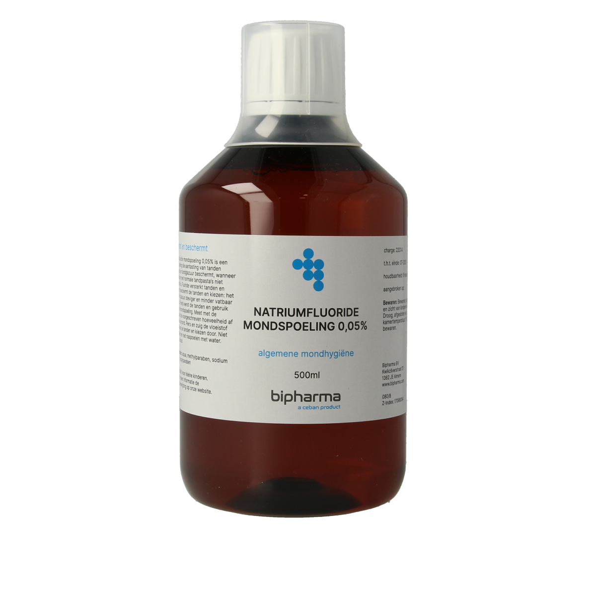 Bipharma Natriumfluoride 0.05% mouth rinse in 500ml bottle, fluoride oral care product for dental health.