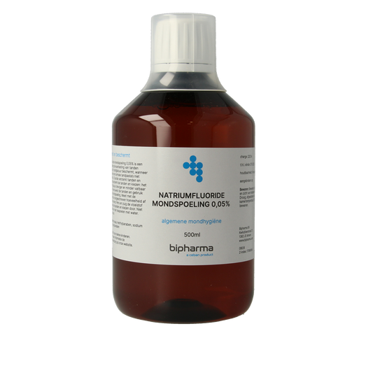 Bipharma Natriumfluoride 0.05% mouth rinse in 500ml bottle, fluoride oral care product for dental health.