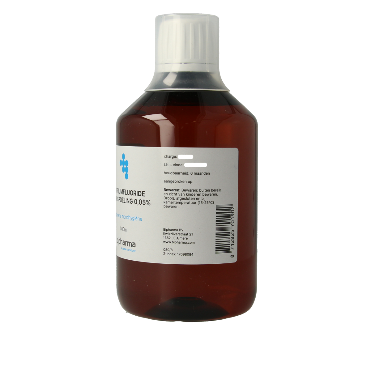 Bipharma Natriumfluoride 0.05% mouthwash in a 500ml bottle, dental rinse for cavity protection and oral health.