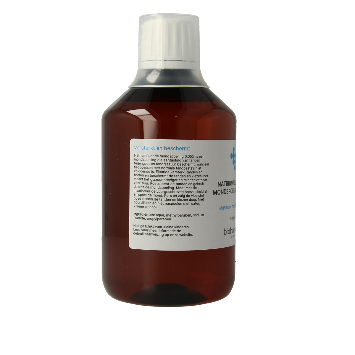 Bipharma Natriumfluoride 0.05% mouth rinse bottle, 500ml, fluoridated oral hygiene product for cavity prevention