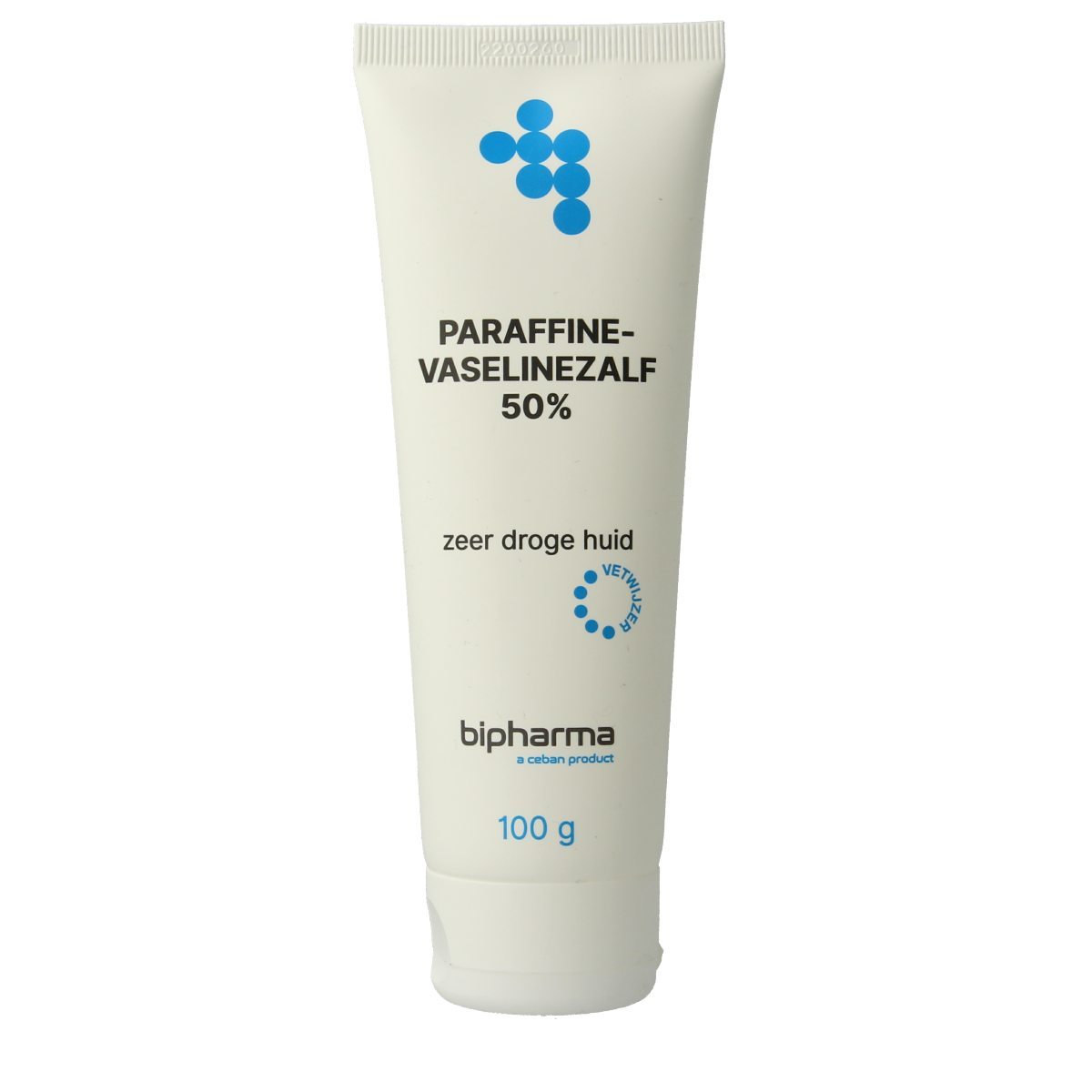Bipharma Parafine Vaselinezalf 50% in a 100g tube, skincare product for body care with a white and blue tube design