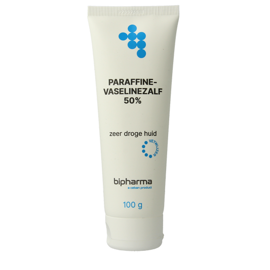 Bipharma Parafine Vaselinezalf 50% in a 100g tube, skincare product for body care with a white and blue tube design