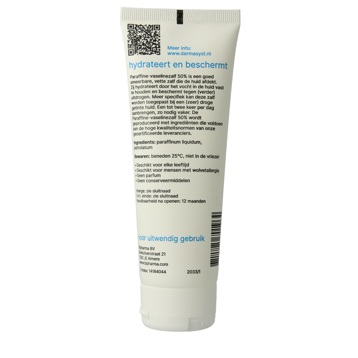 Bipharma Parafine-vaselinezalf 50% in a 100g tube, moisturizing body care product with a loose tube design.