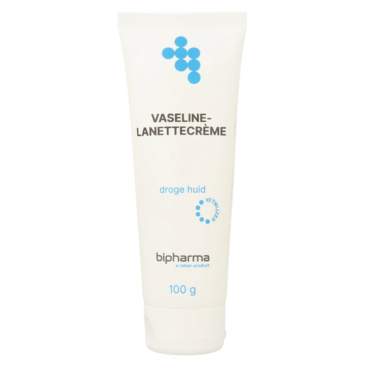 Bipharma Vaseline Lanette Creme in a 100g tube, a body care product with a white creamy texture, labeled with product details.