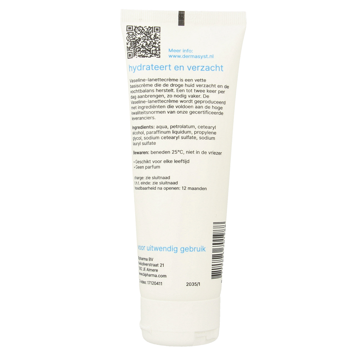 Bipharma Vaseline Lanette Creme in a 100g loose tube, a body care product with a creamy texture for skin nourishment.
