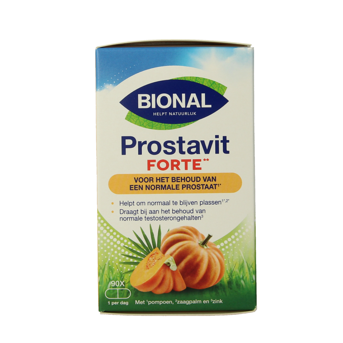Bional Prostavit Forte herbal capsules in a bottle, dietary supplement for prostate health, natural herbal ingredients.