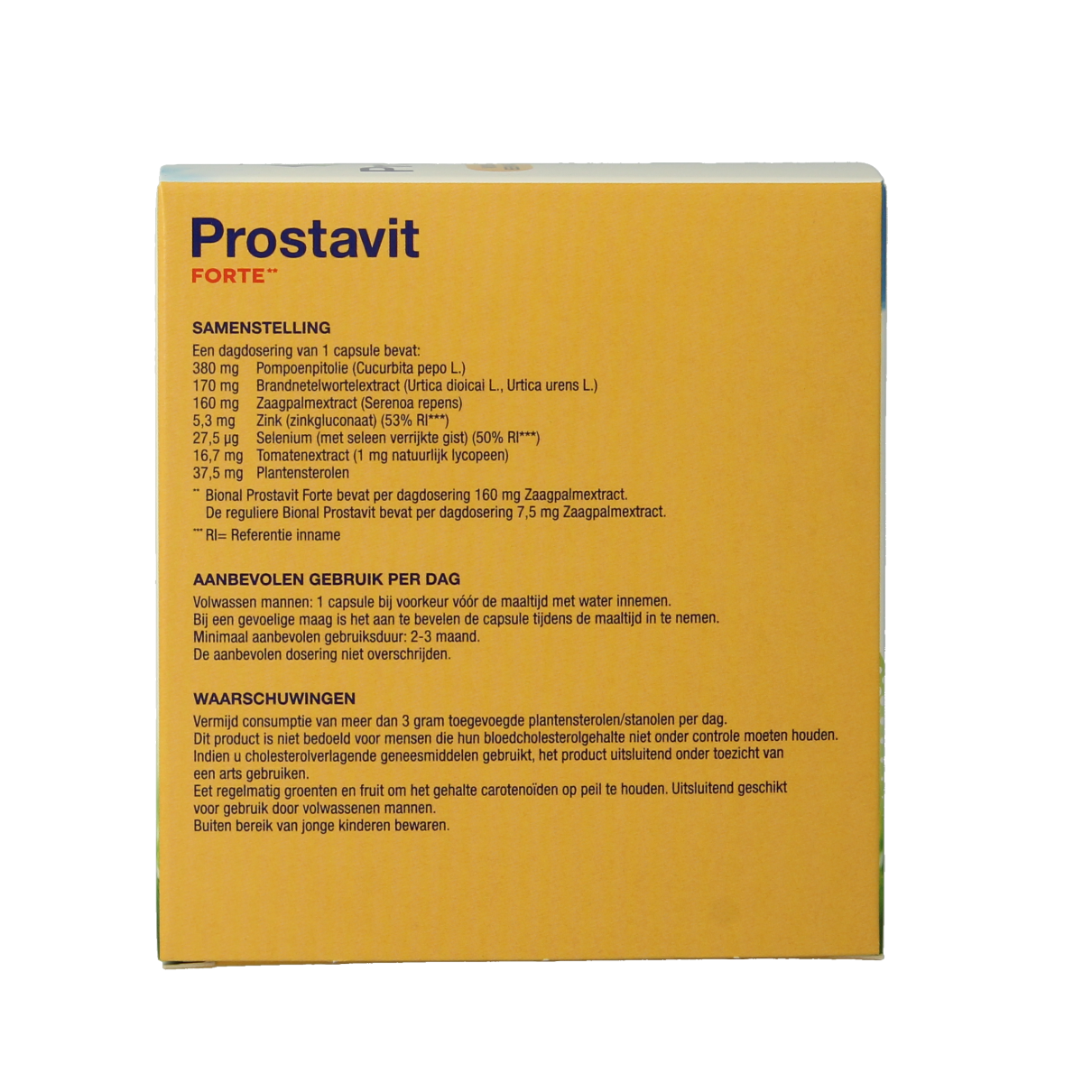 Bional Prostavit Forte herbal capsules, 90-count, natural herbal supplement for prostate health, with green capsule image.