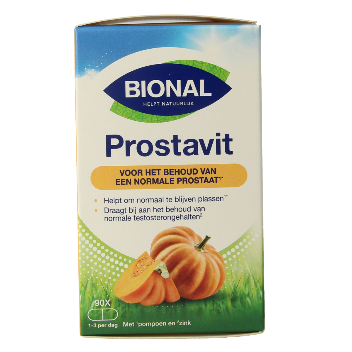 Bional Prostavit herbal supplement capsules, 90 count, in a transparent bottle with label, showing the capsules inside.