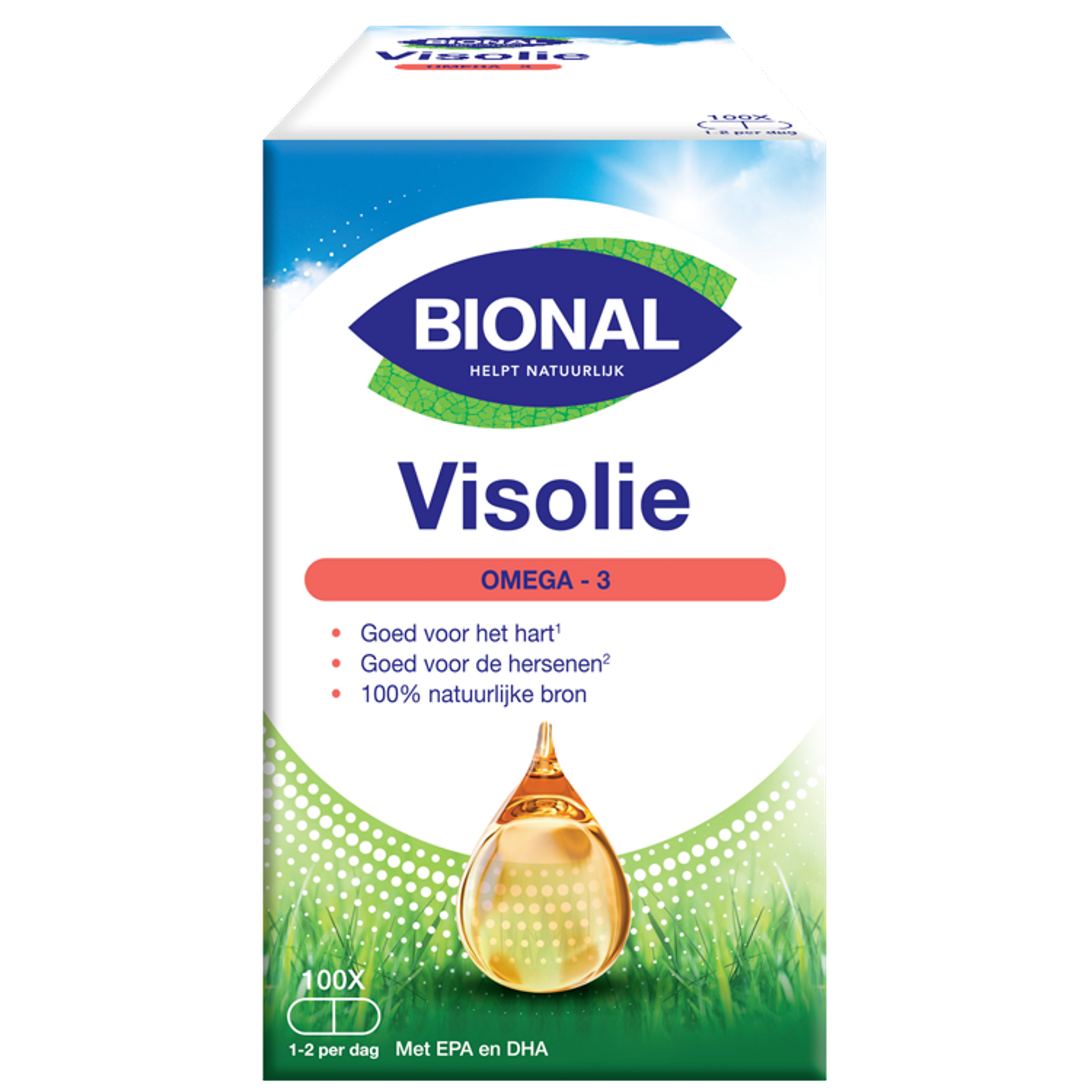 Bional Visolie 100 capsules, omega fatty acids supplement in a white bottle with a blue label and capsules inside.