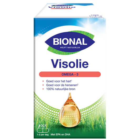 Bional Visolie 100 capsules, omega fatty acids supplement in a white bottle with a blue label and capsules inside.