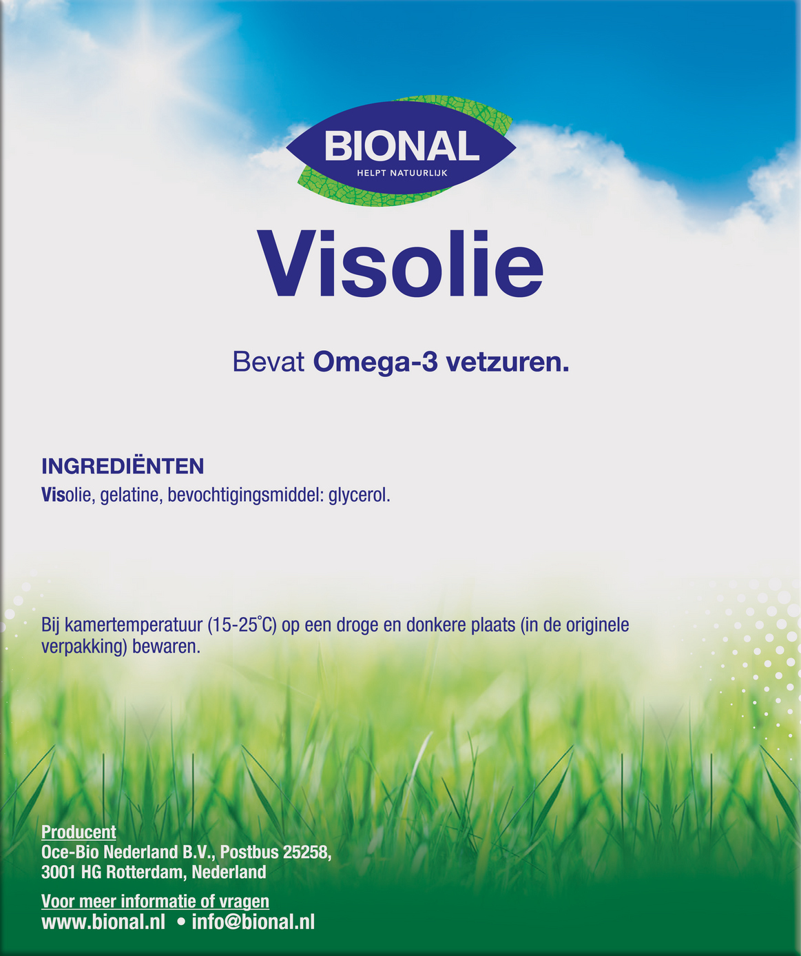 Bional Visolie omega-3 capsules in a clear bottle, showing the label and capsules inside.
