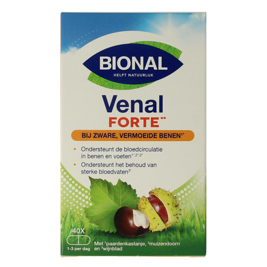 Bional Venal Forte 40 capsules, herbal supplement in a white bottle with a label, designed for natural health support.