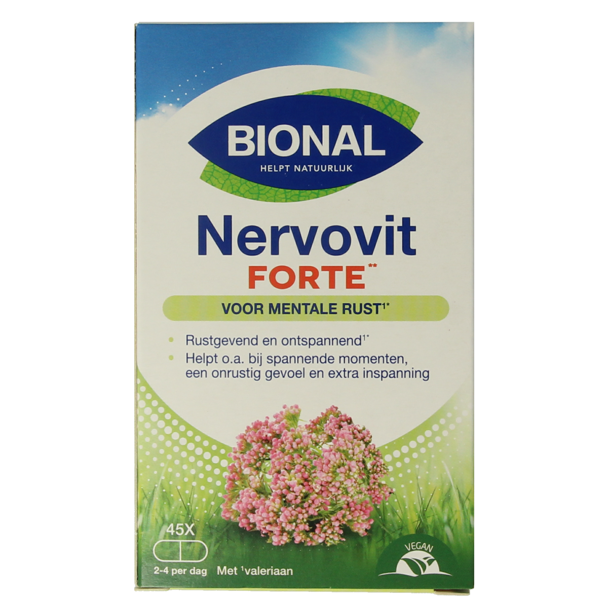 Bional Nervovit Forte herbal tablets in a blister pack, dietary supplement for nerve health and stress relief.