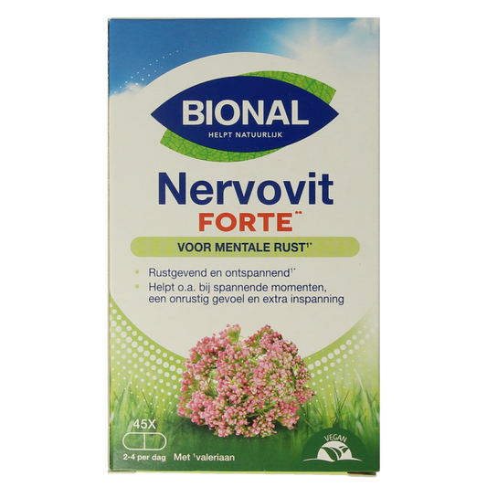 Bional Nervovit Forte herbal tablets in a blister pack, dietary supplement for nerve health and stress relief.