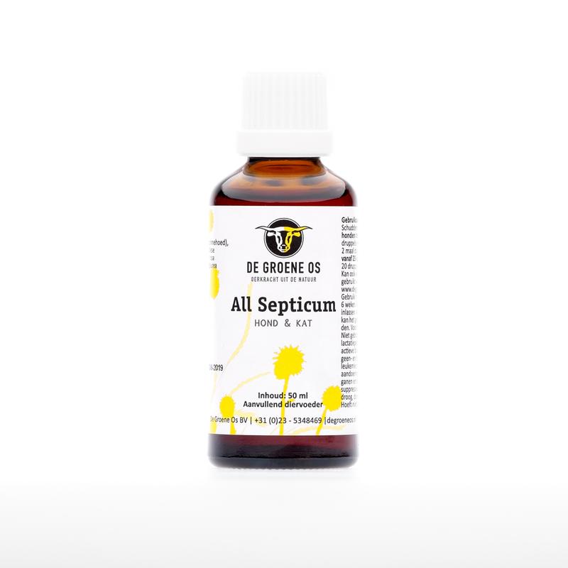 Groene Os All septicum voedingssupplement voor honden en katten in 50ml fles, geschikt voor diergezondheid en welzijn