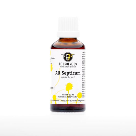 Groene Os All septicum voedingssupplement voor honden en katten in 50ml fles, geschikt voor diergezondheid en welzijn