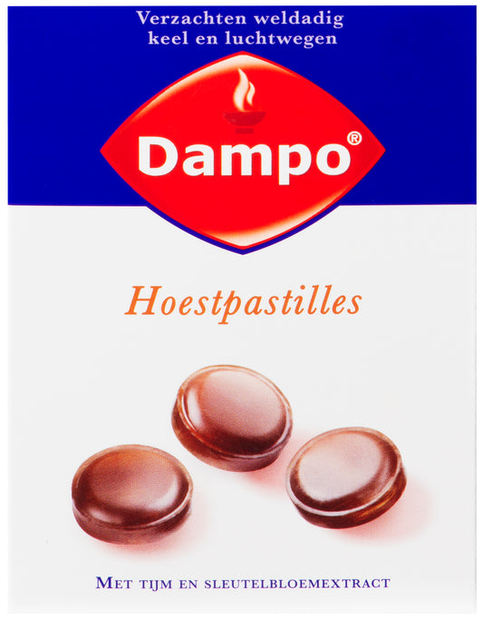 Dampo Hoestpastilles with thyme and keyflower, 24 herbal cough lozenges shown in a close-up image.