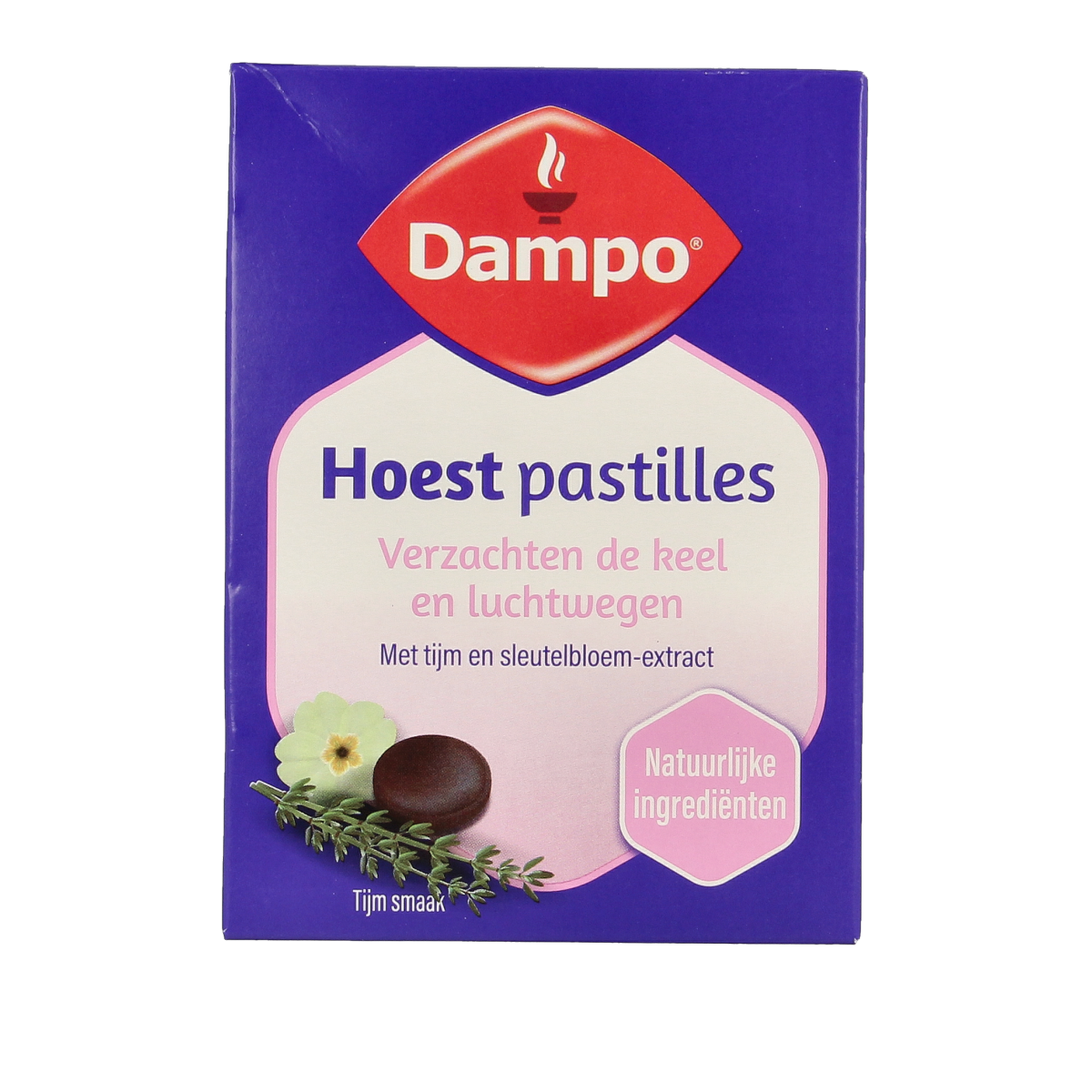 Dampo Hoestpastilles with thyme and keyflower, 24 pastilles, cough relief lozenges showing the packaging and pastilles
