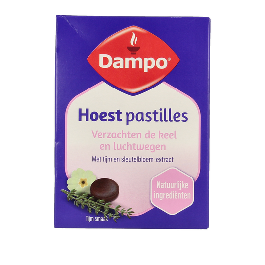 Dampo Hoestpastilles with thyme and keyflower, 24 pastilles, cough relief lozenges showing the packaging and pastilles
