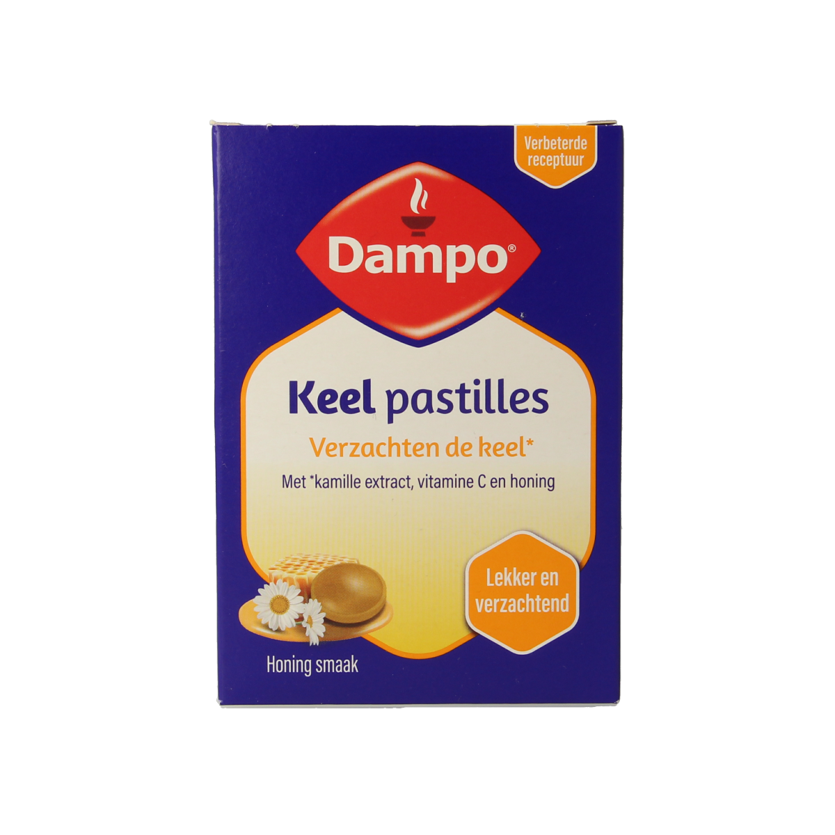 Dampo Keelpastilles herbal pastilles in a clear container, featuring the Dampo brand logo and a close-up view of the product.