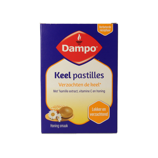 Dampo Keelpastilles herbal pastilles in a clear container, featuring the Dampo brand logo and a close-up view of the product.