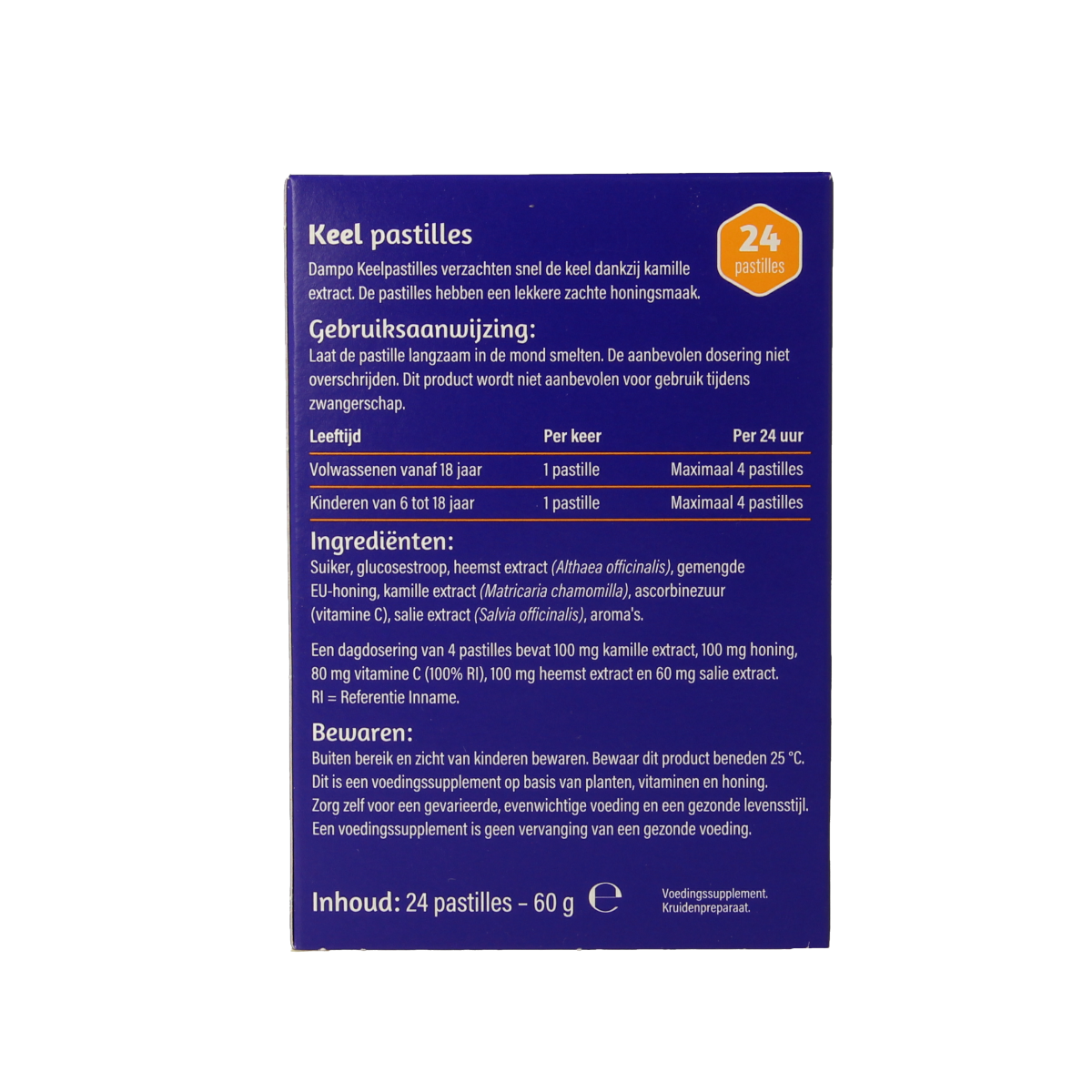 Dampo Keelpastilles herbal throat lozenges in a clear container, featuring 24 pastilles for soothing throat relief.