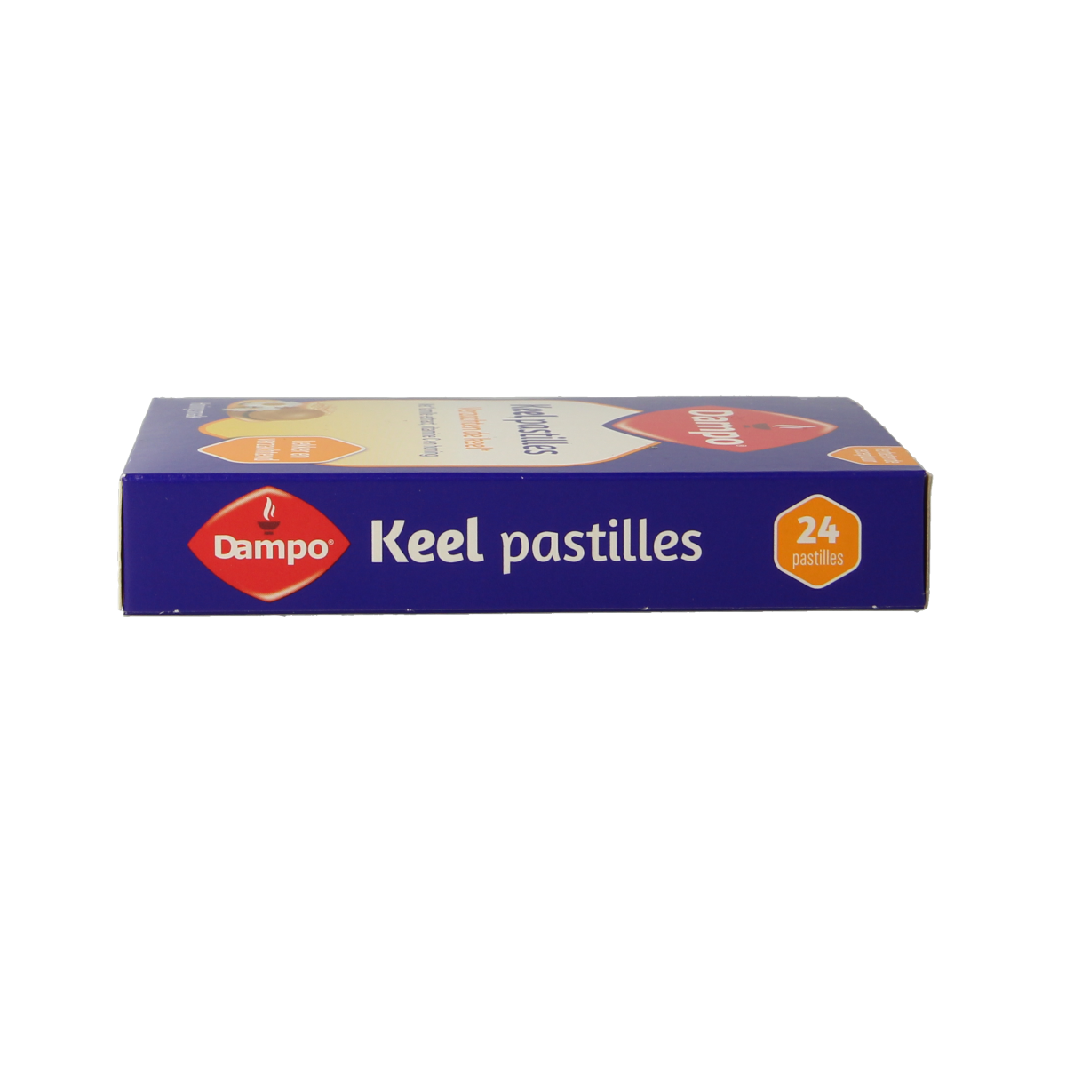 Dampo Keelpastilles 24 pastilles featuring herbal ingredients in a clear plastic container, for soothing throat relief.