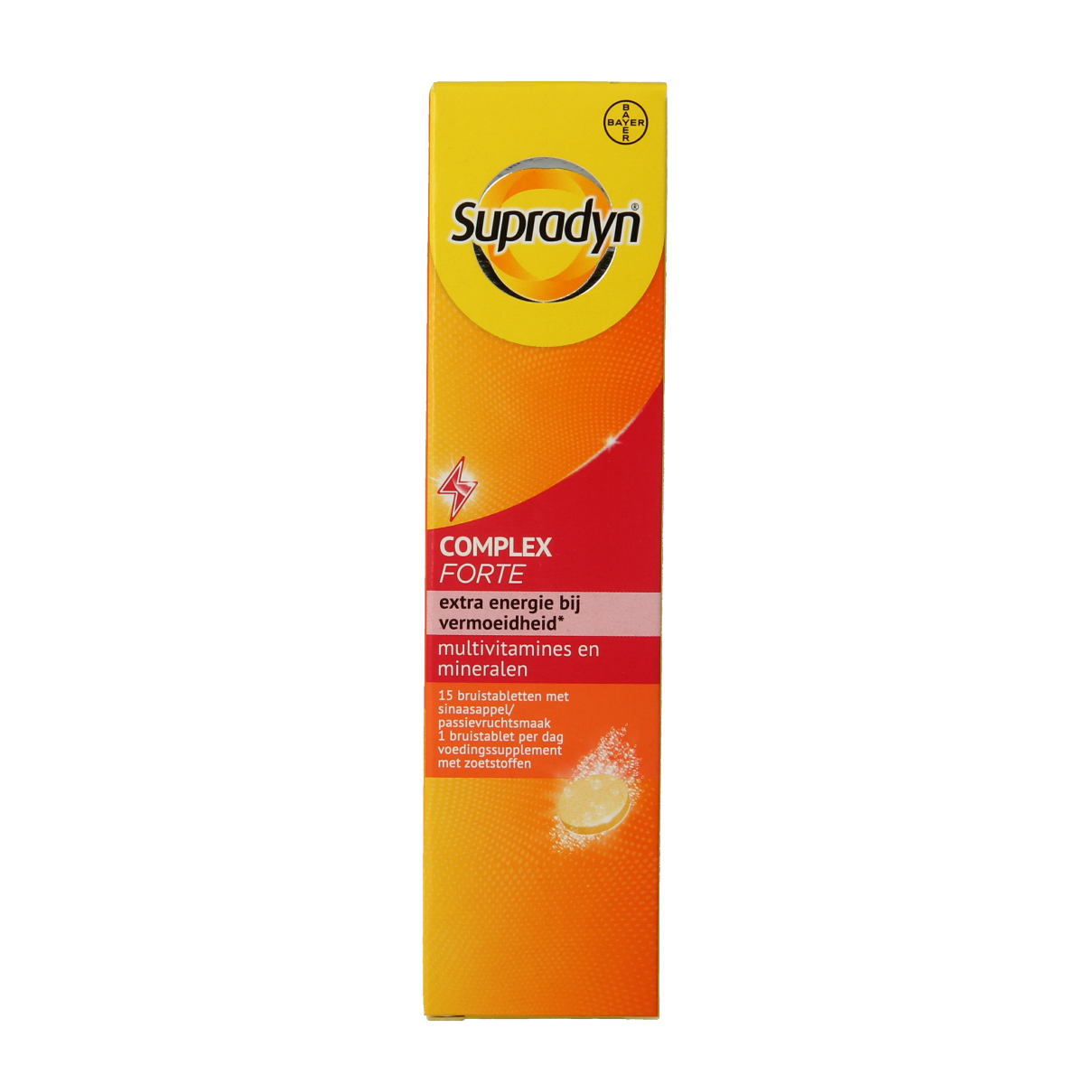 Supradyn Complex Forte multivitamin effervescent tablets in a blister pack, showing the colorful tablets and packaging.