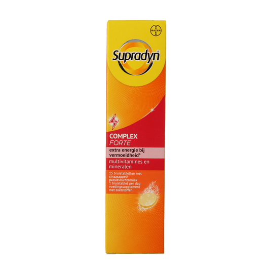 Supradyn Complex Forte multivitamin effervescent tablets in a blister pack, showing the colorful tablets and packaging.