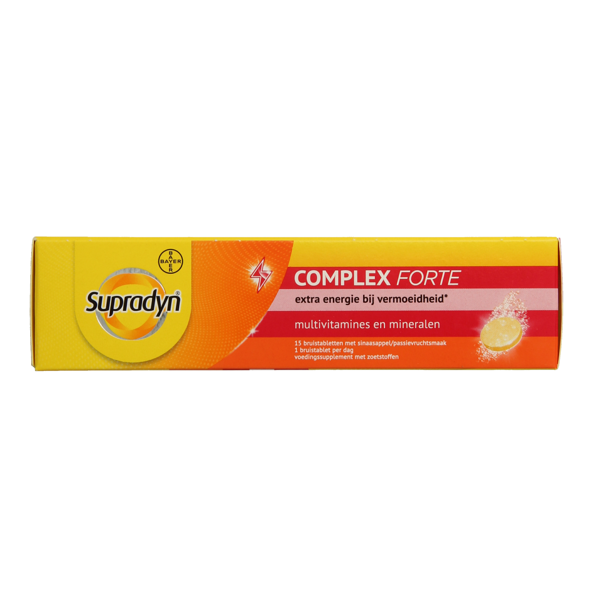 Supradyn Complex Forte multi-vitamin effervescent tablets in a blister pack, featuring colorful tablets for daily nutritional support.