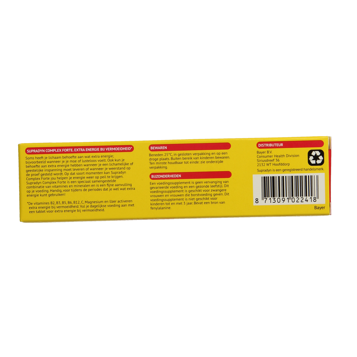 Supradyn Complex Forte multivitamin effervescent tablets in a package, with colorful tablets ready to dissolve in water.