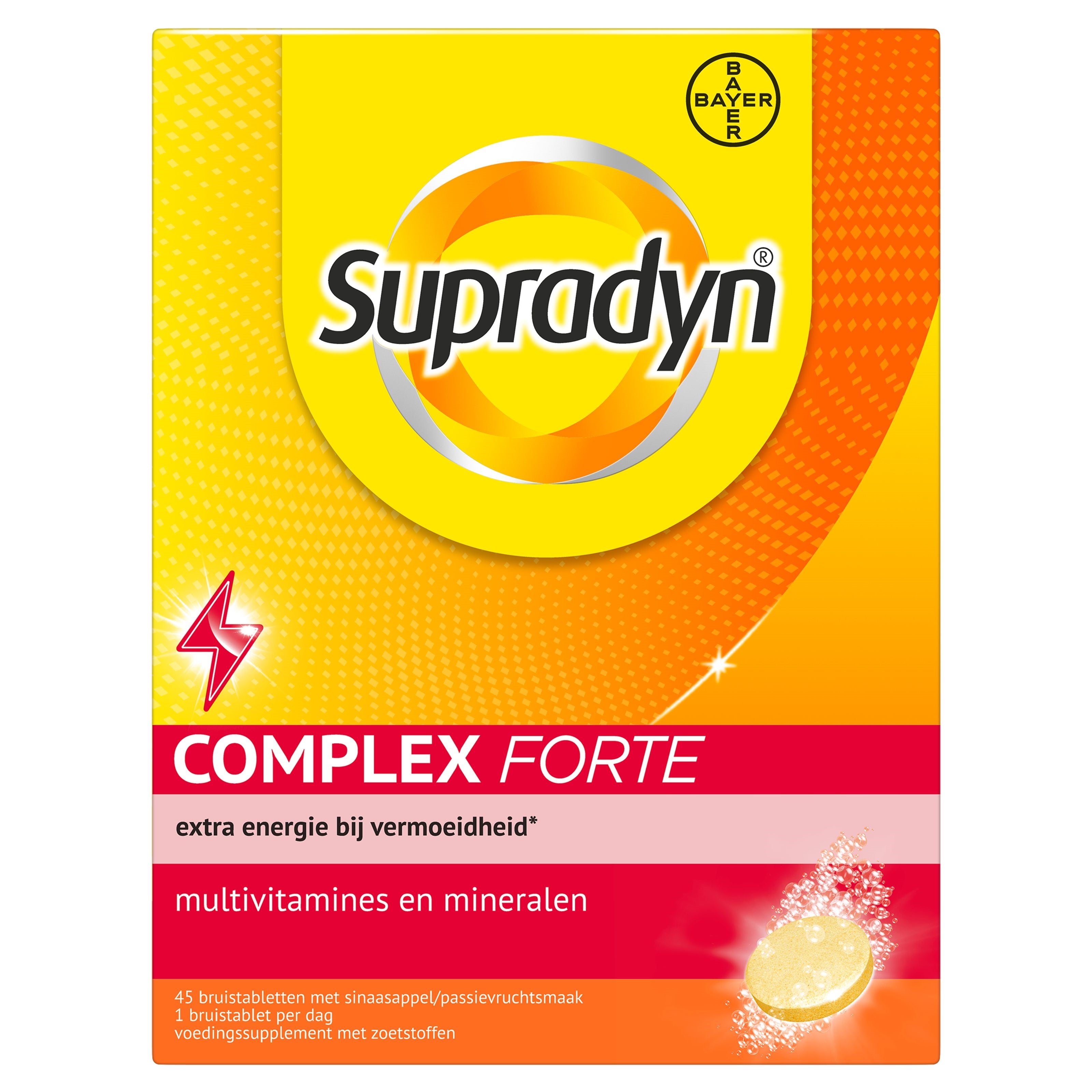 Supradyn Complex Forte multivitamin effervescent tablets in a blister pack, showing the colorful tablets and packaging.