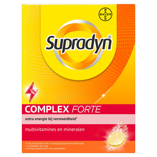 Supradyn Complex Forte multivitamin effervescent tablets in a blister pack, showing the colorful tablets and packaging.