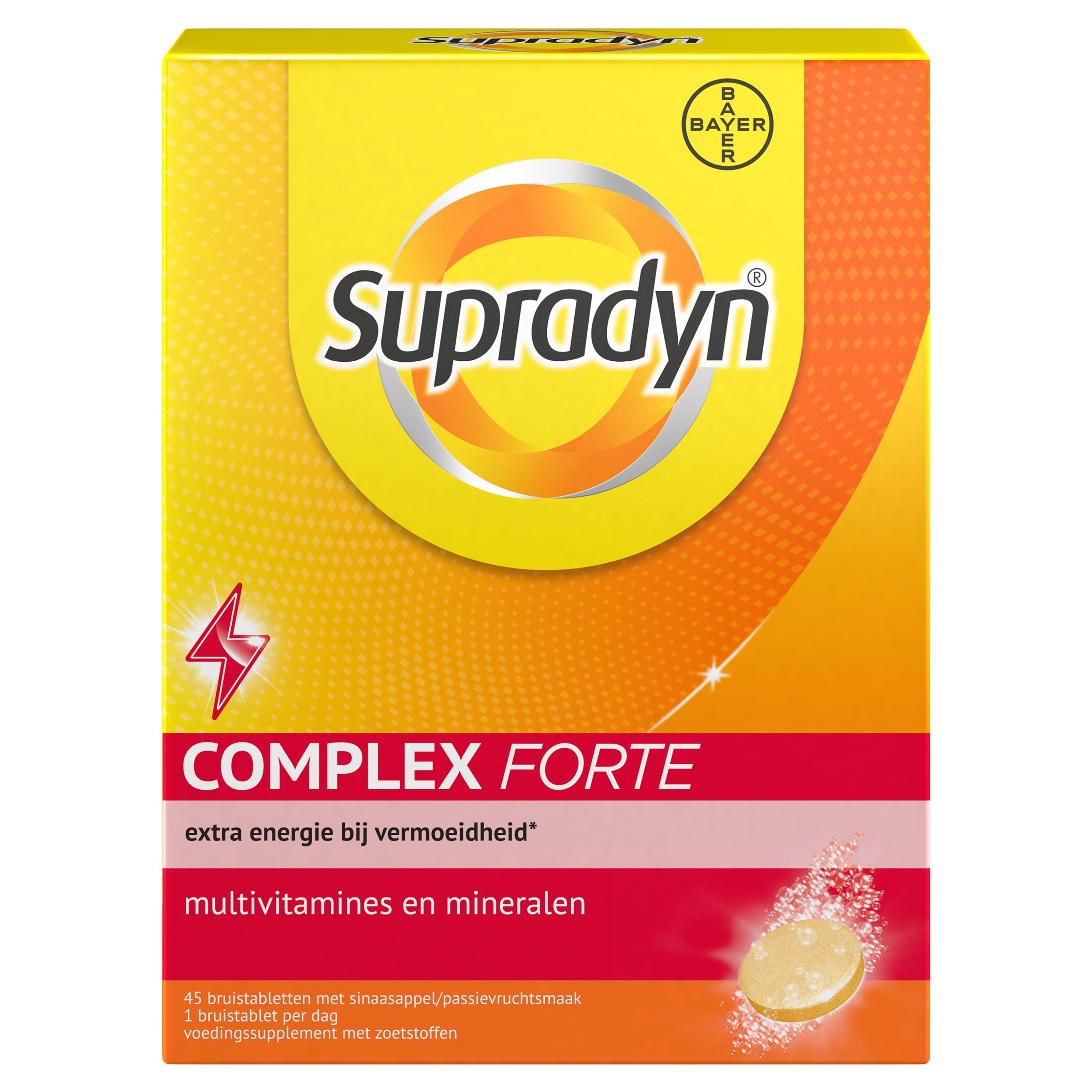 Chewable Supradyn Complex Forte multivitamin tablets in blister pack, featuring colorful round tablets for daily nutritional support.