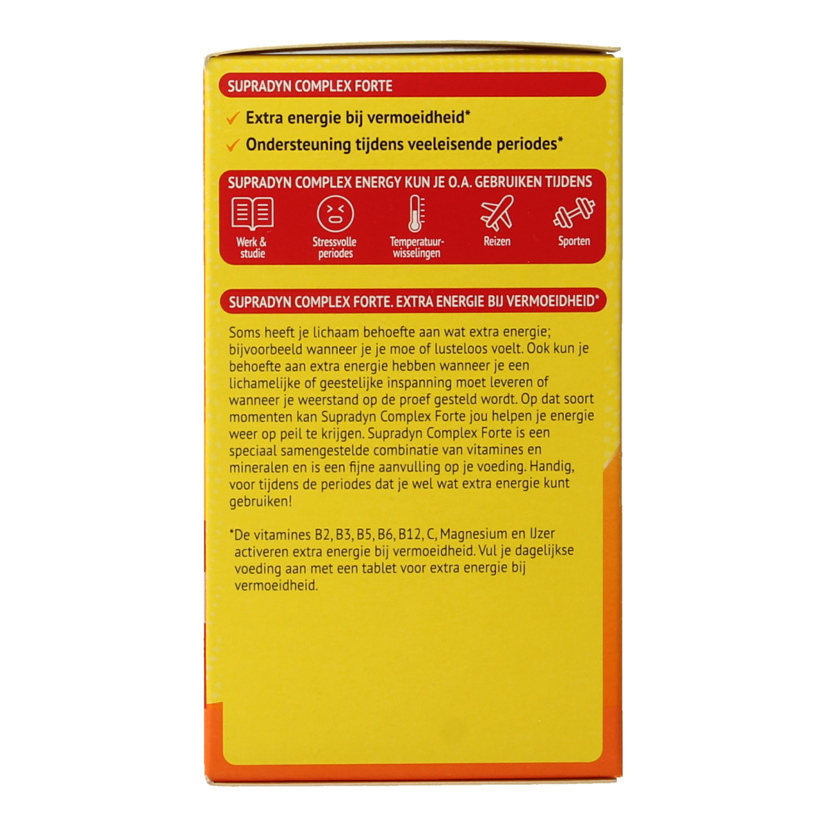 Close-up of Supradyn Complex Forte multivitamin tablets in blister pack, showing the round, coated tablets on a white background.