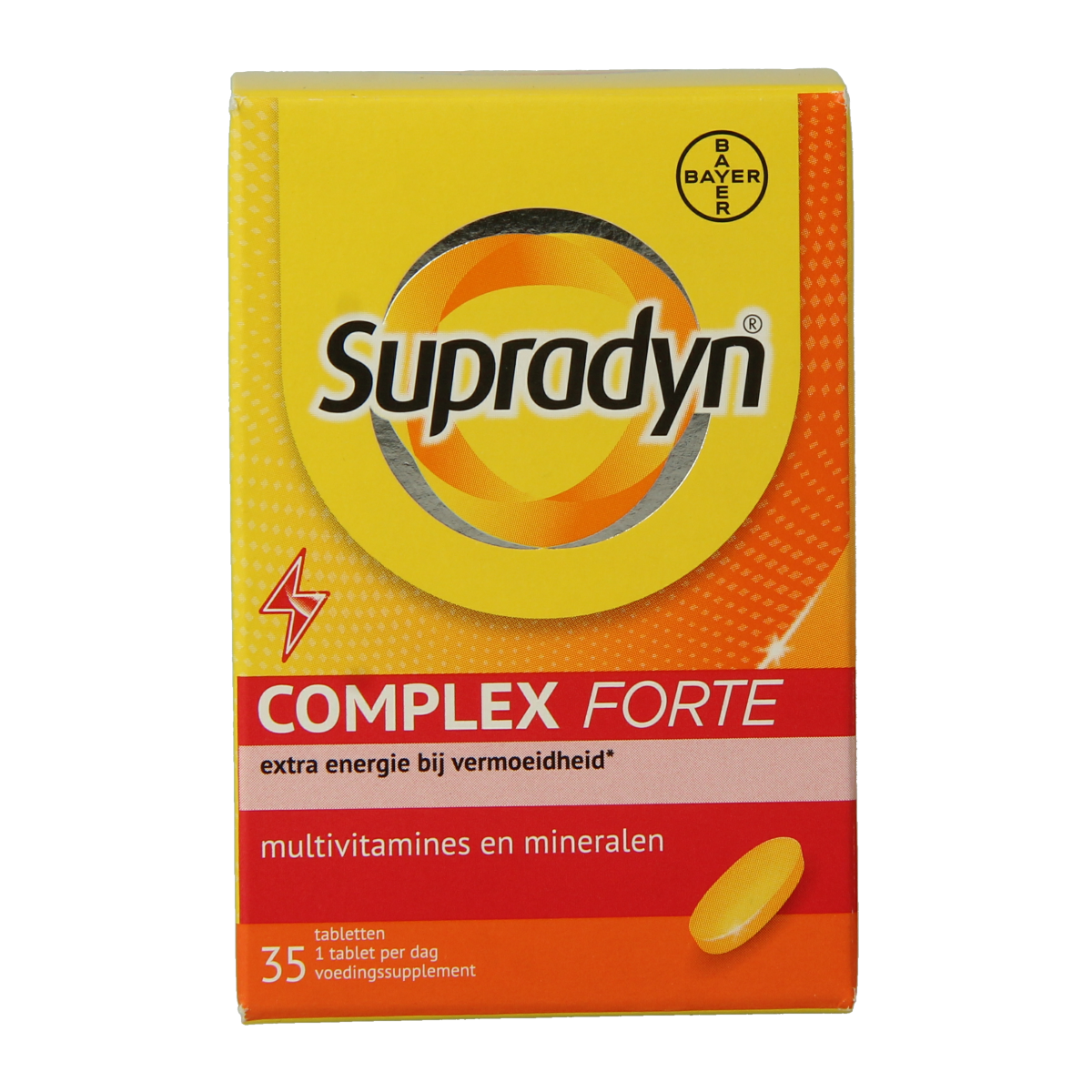 Box of Supradyn Complex Forte multivitamin tablets with 35 count, featuring colorful packaging and tablets inside.