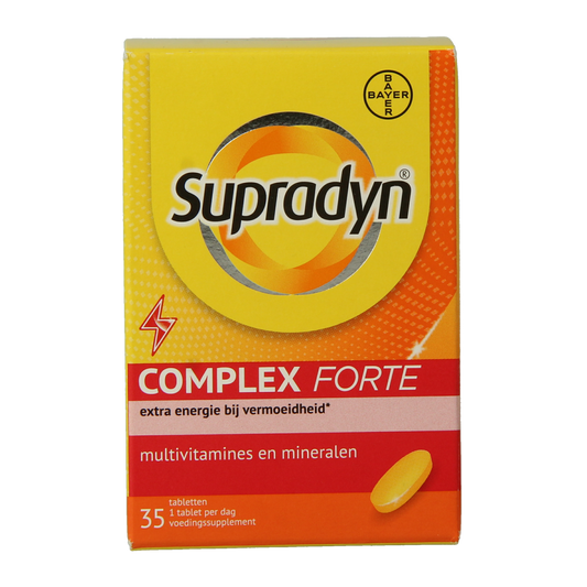 Box of Supradyn Complex Forte multivitamin tablets with 35 count, featuring colorful packaging and tablets inside.
