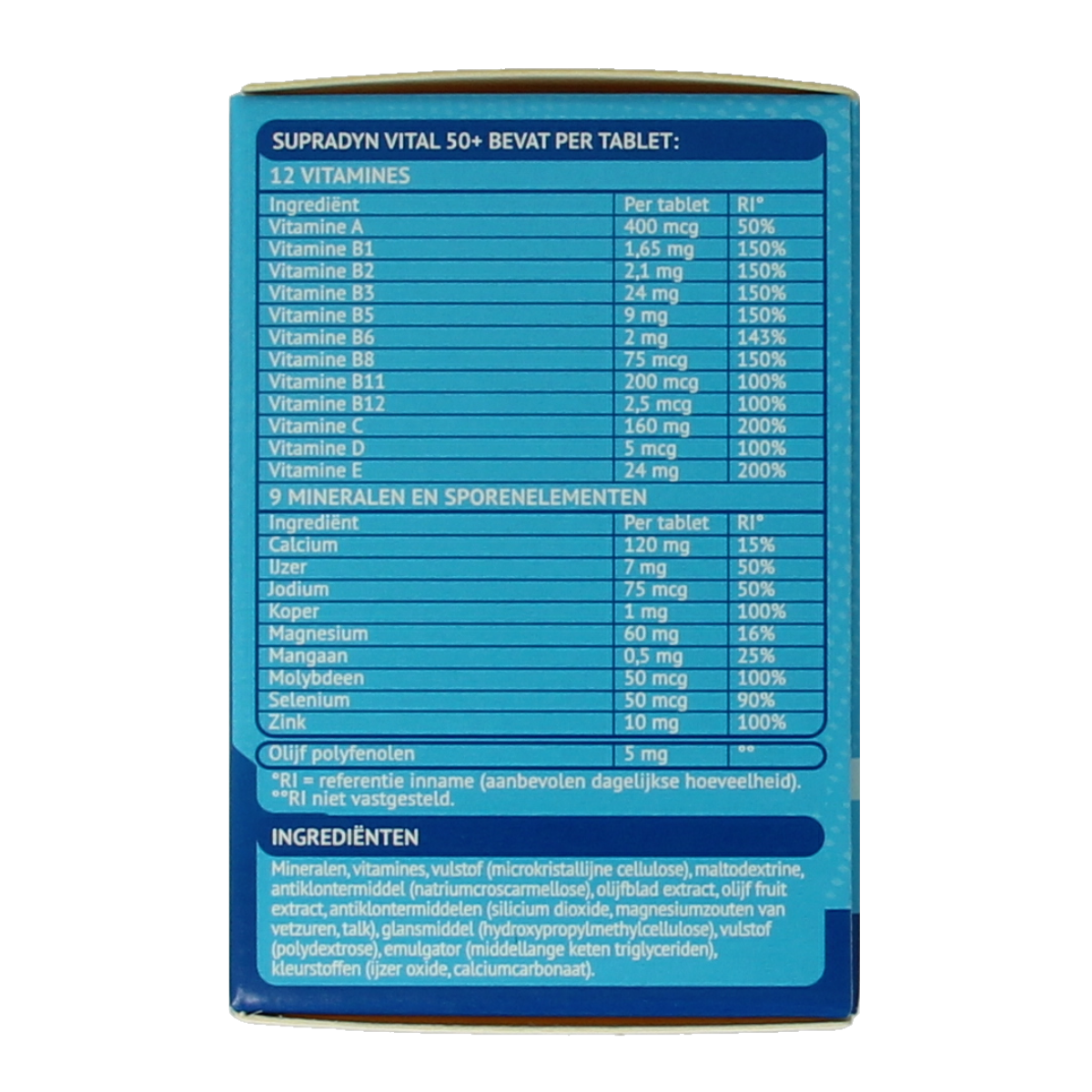 Box of Supradyn Vital 50+ multivitamin tablets with 35 count, showing the colorful packaging and tablets inside.