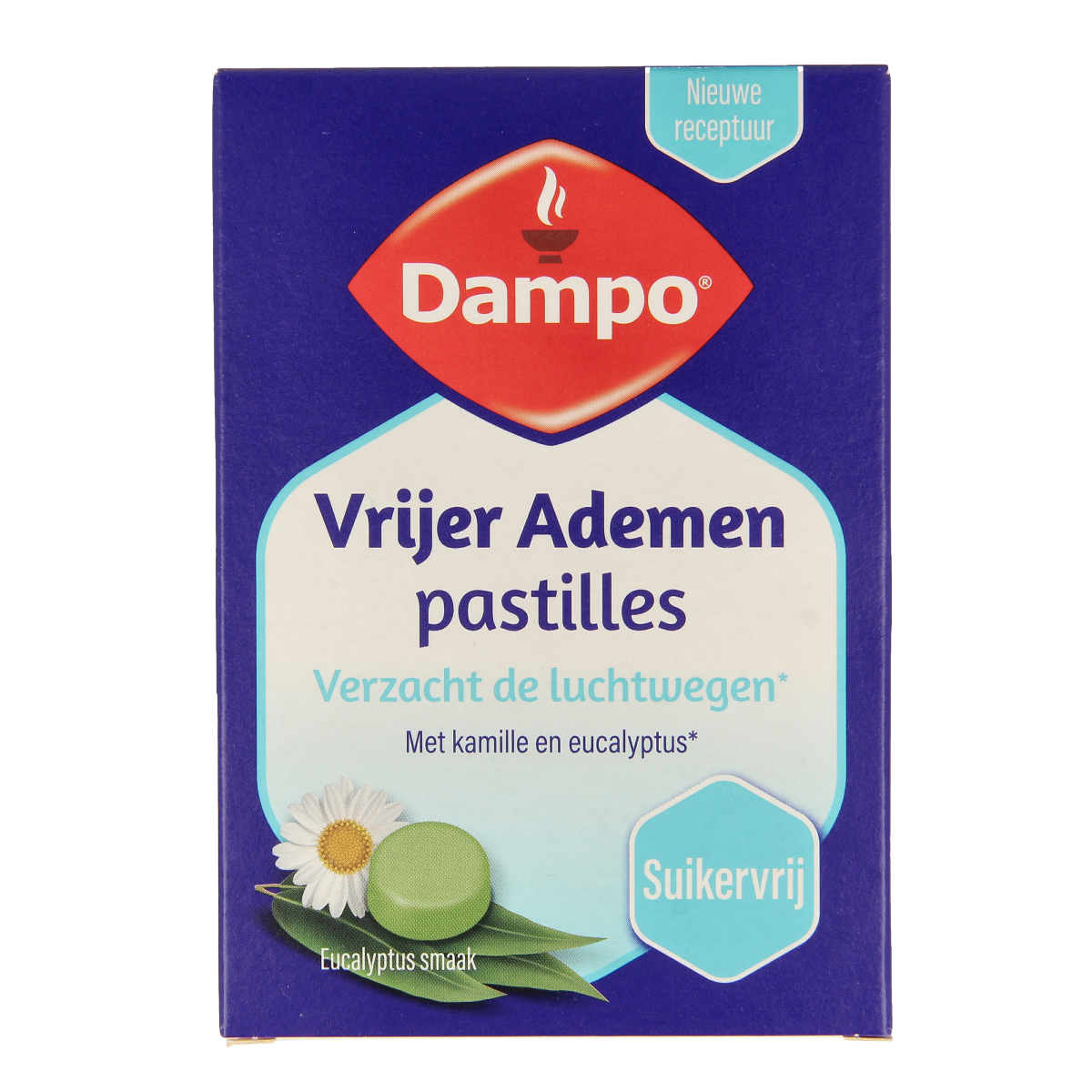 Dampo Ademvrij pastilles, herbal supplement in a white container, shown alongside a few pastilles on a neutral background.