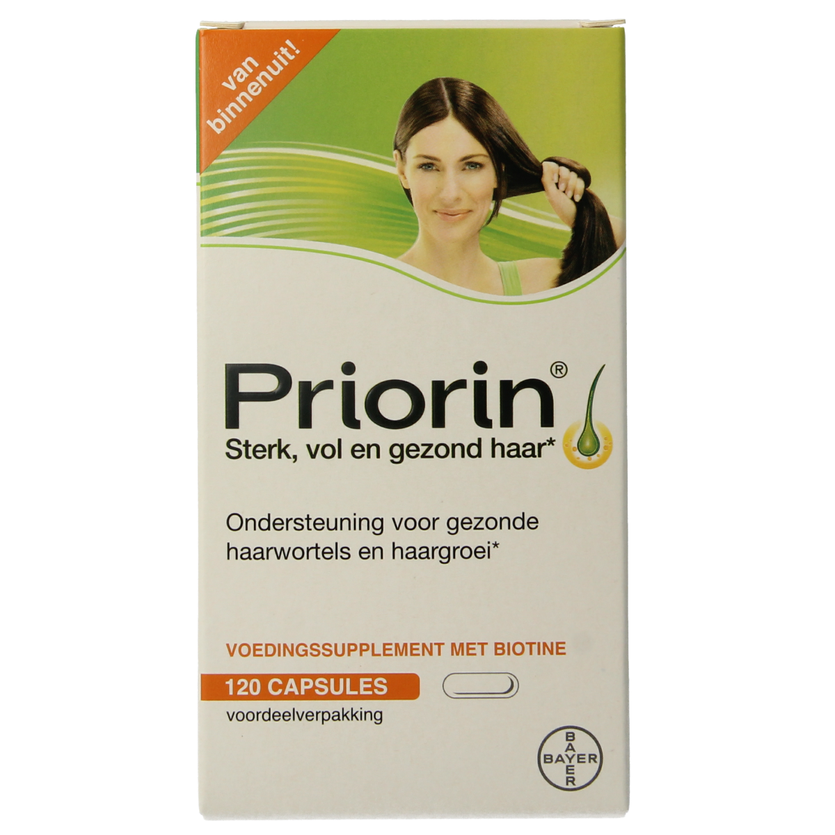 Priorin Gezond haar herbal supplement capsules in a bottle, natural ingredients for healthy hair, 120 capsules.