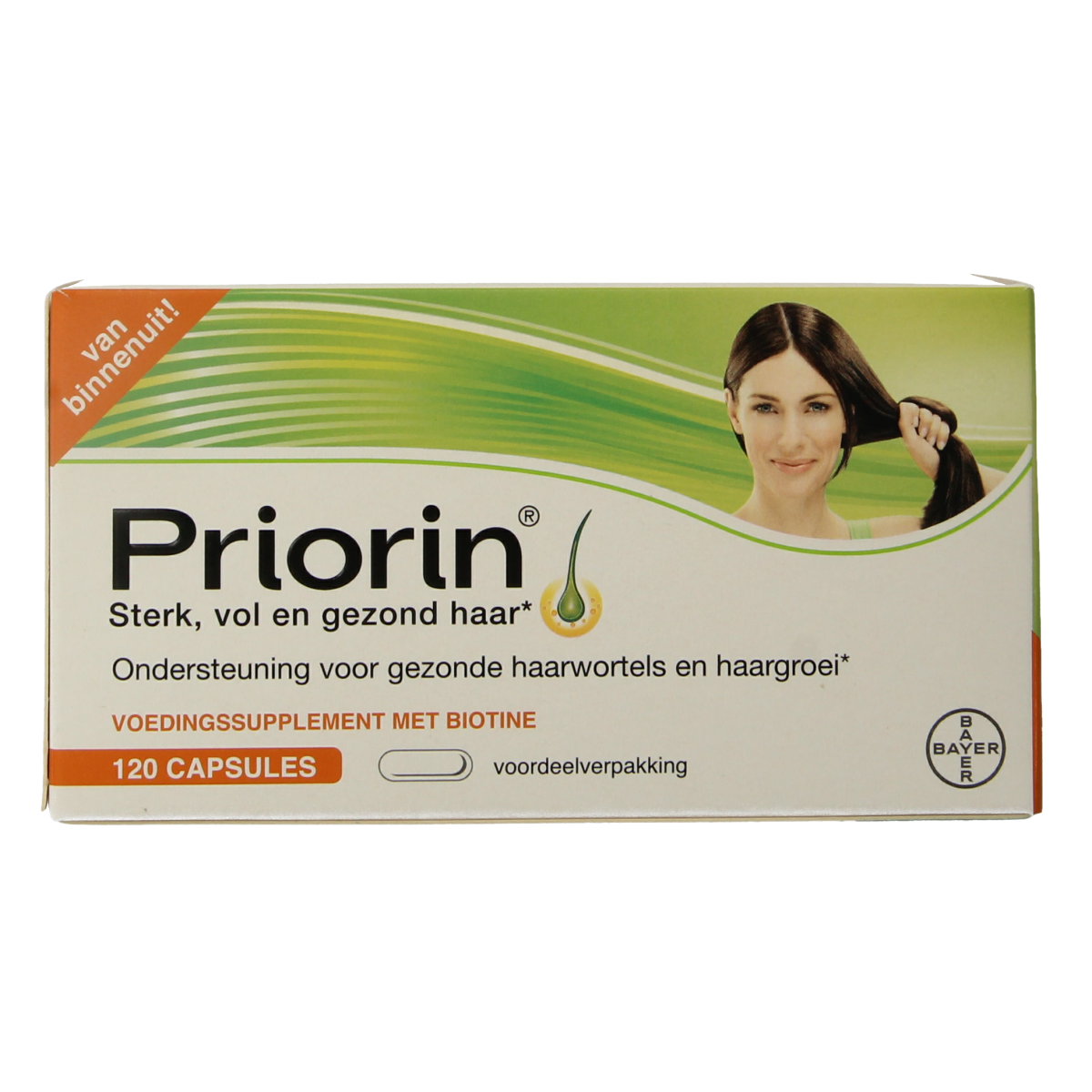 Priorin Gezond haar herbal supplement capsules in a bottle, used for promoting healthy hair, from the Priorin brand.