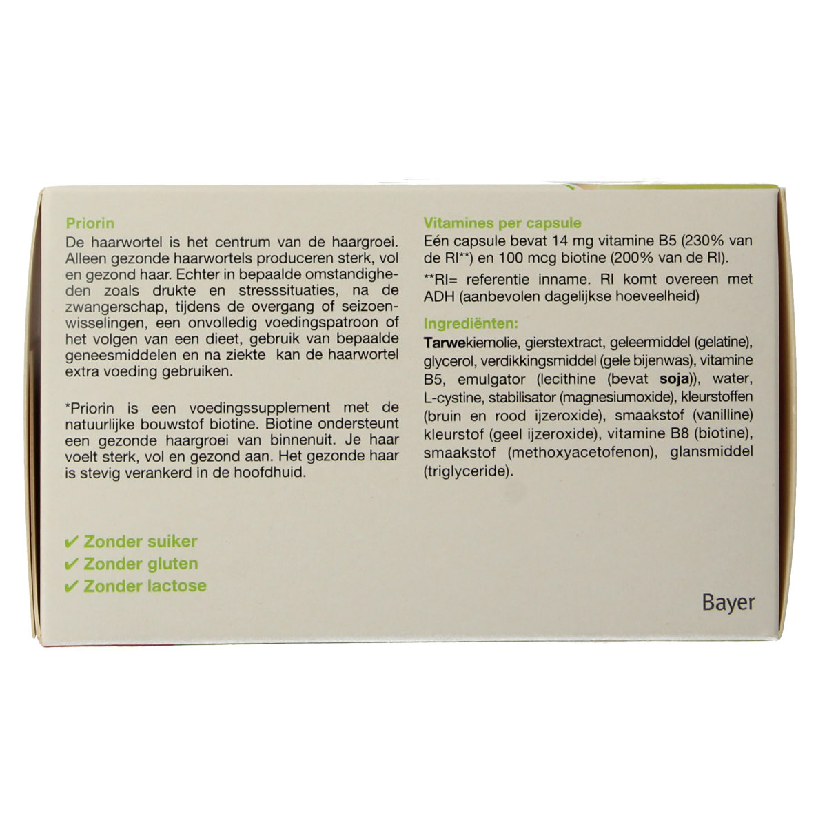 Priorin Gezond Haar herbal supplement capsules, natural hair health supplement by Priorin, displayed in a bottle against a white background