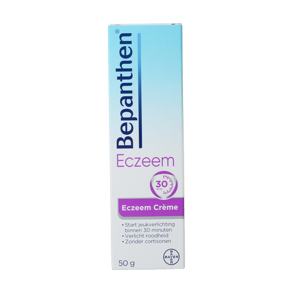 Bepanthen Eczeem creme 50g, body care product with soothing cream for eczema relief, in a white tube with blue accents.
